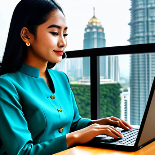 Home 10 데이터사이언스와 추천 시스템 - **
A modern Malaysian woman, fully clothed in a stylish baju kurung, working on a laptop at a trend...