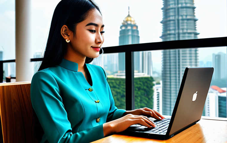 데이터사이언스와 추천 시스템 - **
A modern Malaysian woman, fully clothed in a stylish baju kurung, working on a laptop at a trend...