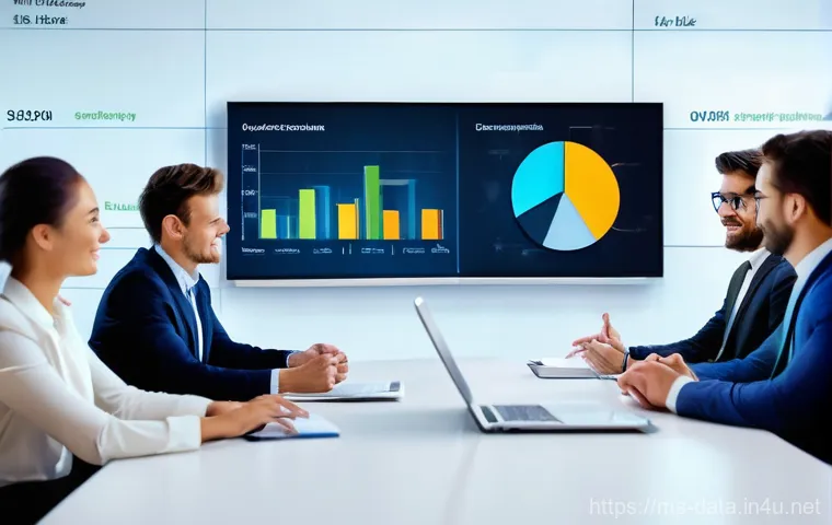 데이터사이언스에서 데이터 시각화 - **Prompt:** A brightly lit, modern office meeting room where a diverse group of five young professio...